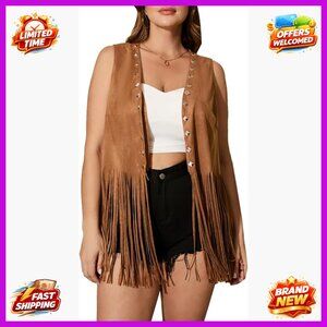 Plus Size Faux Suede Vest Jacket Sleeveless Fringe Trim Western Wear